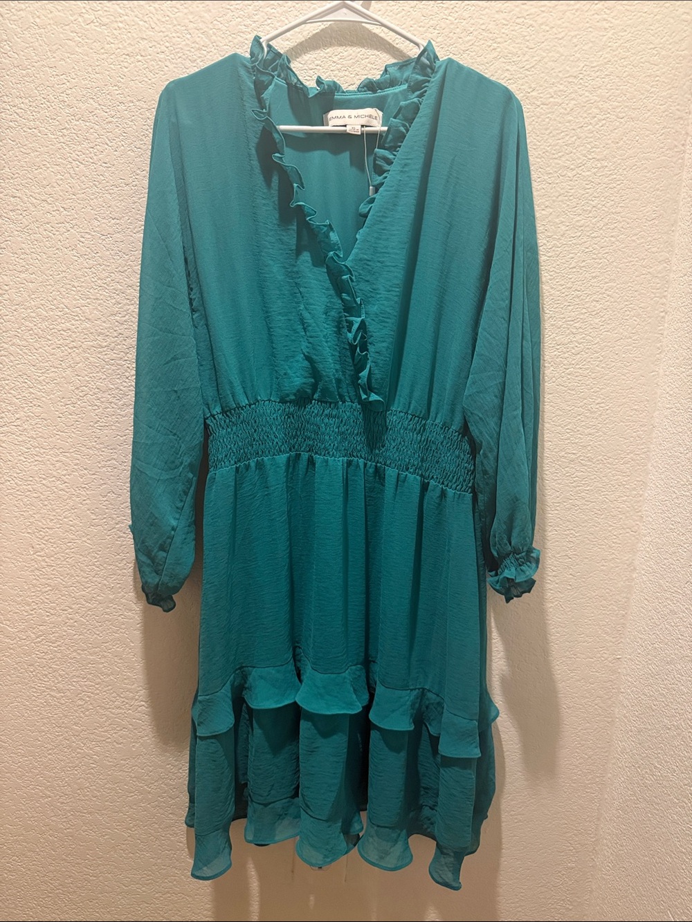 NWOT Emma & Michele Teal Ruffle V-Neck Long Sleeve Dress